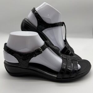 Ecco T-Strap Wedge Sandals Women 40 Black Croc Embossed Leather Comfort Casual